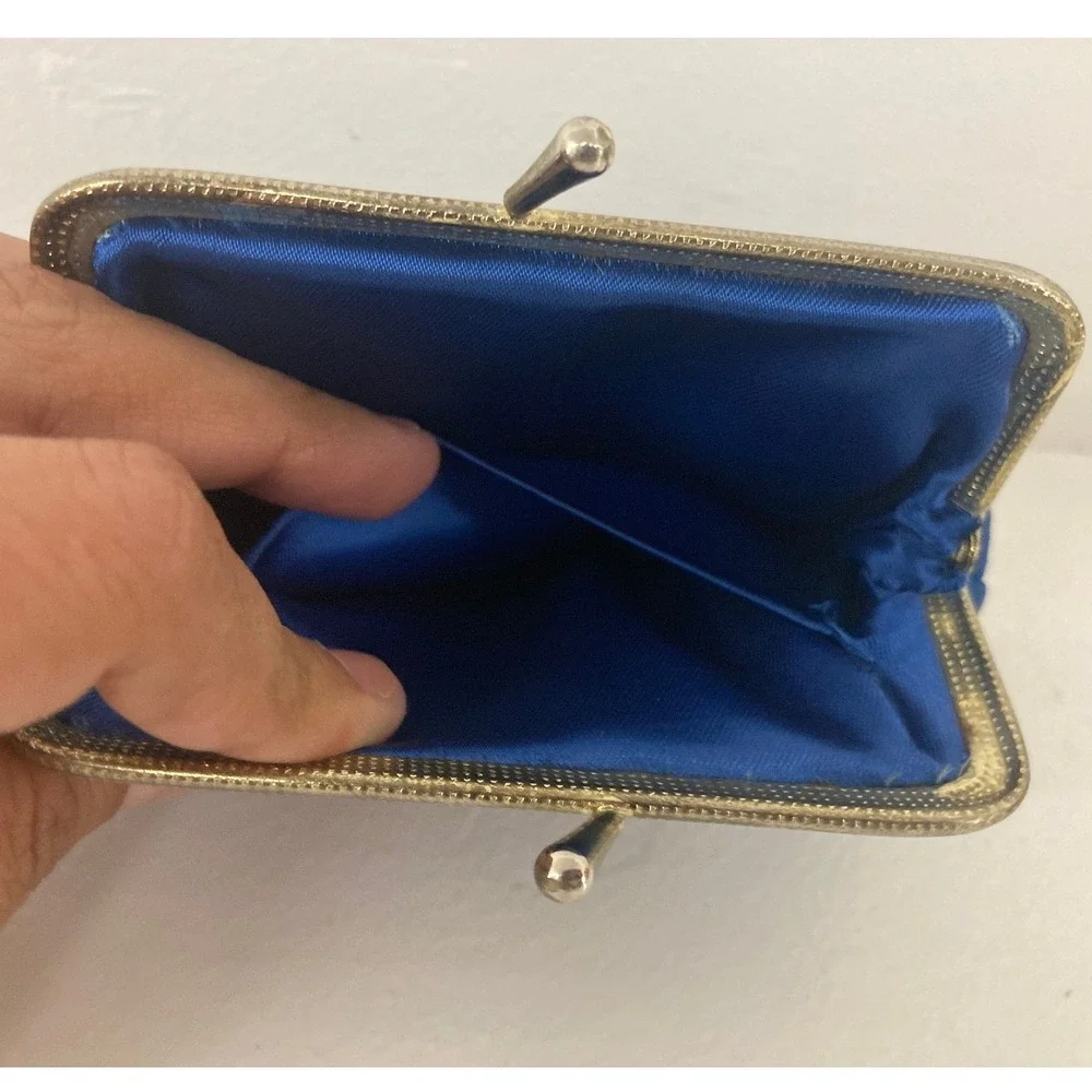 VTG Royal Blue Embroidered Floral Bird Kiss Lock Coin Purse Pouch Asian Oriental